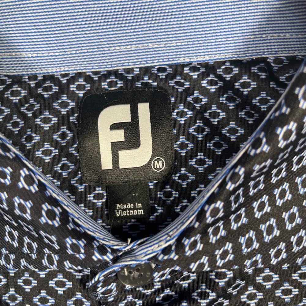 FootJoy Golf Polo Mens M Black Navy Blue Geometric Print Stretch Performance - Picture 2 of 8